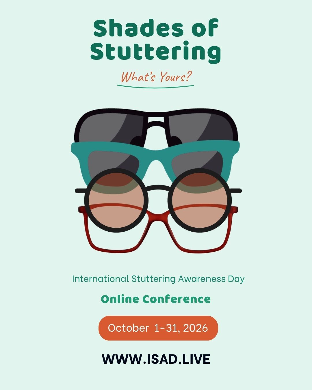 Logo ISAD 2026 Shades of stuttering, with an image with different types of sunglasses